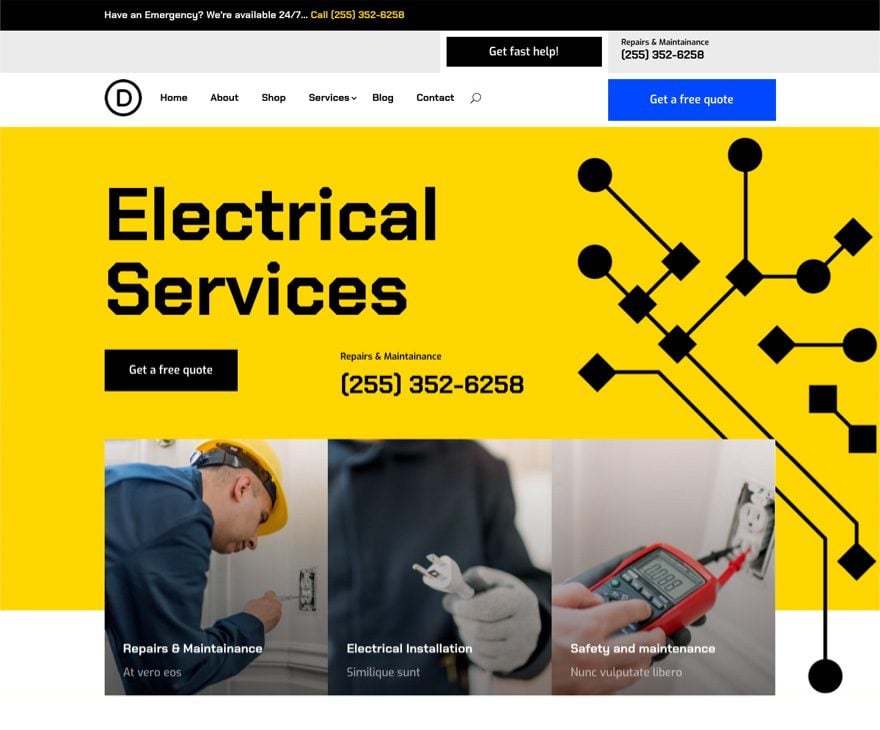 header & footer template for Divi's Electrical Services Layout Pack