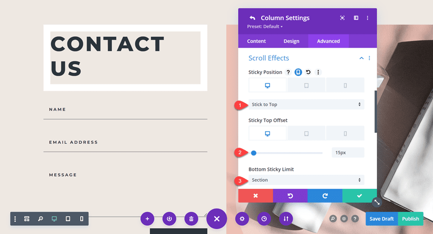 divi sticky contact form add sticky settings