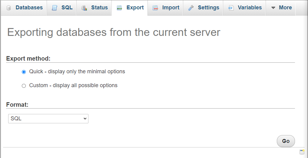 Exporting a database in phpMyAdmin