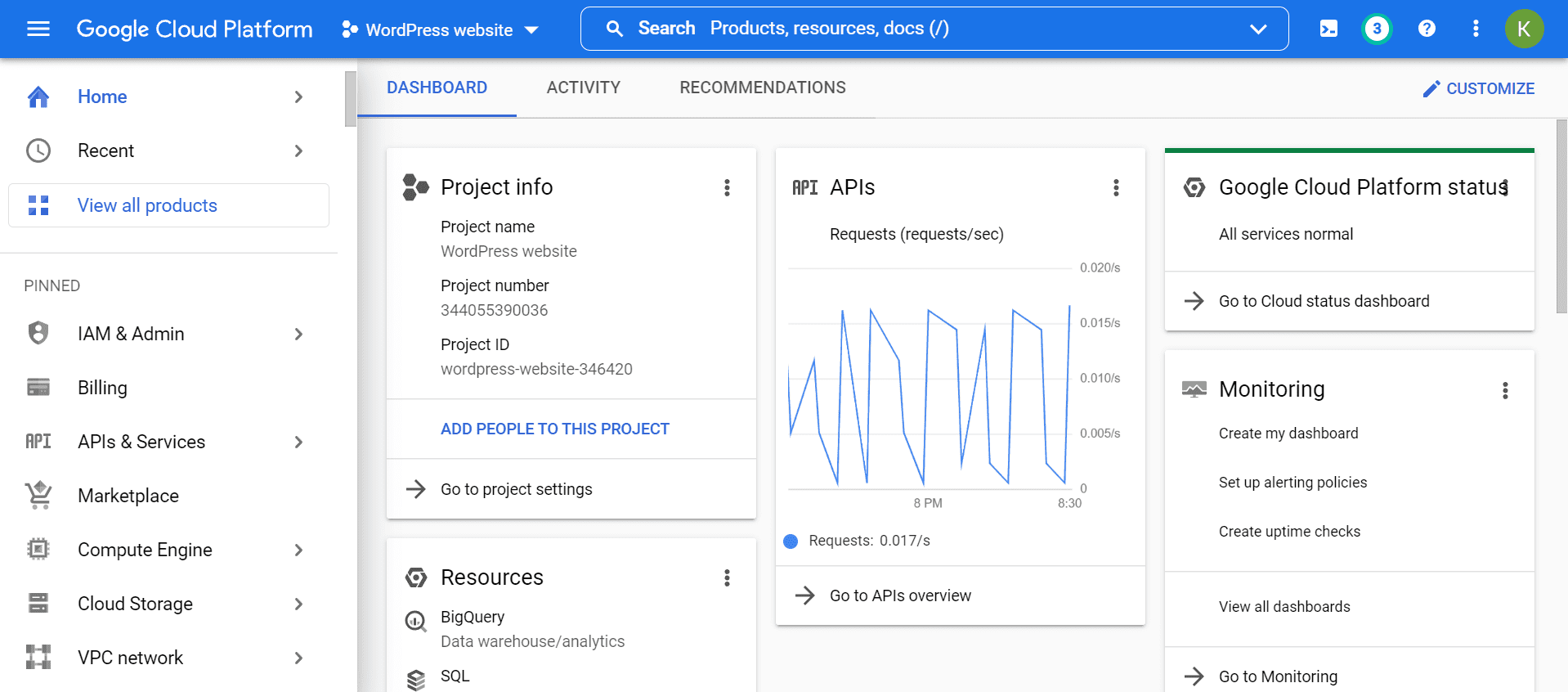 Google Cloud hosting dashboard.