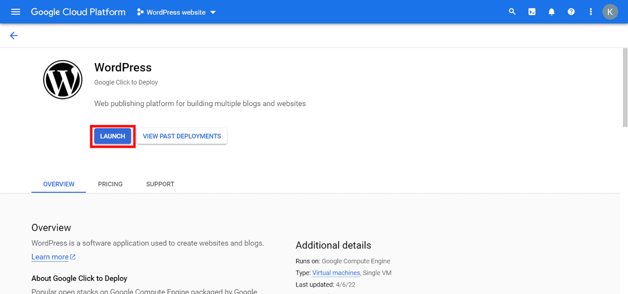 Launch a WordPress website on Google Cloud hosting.