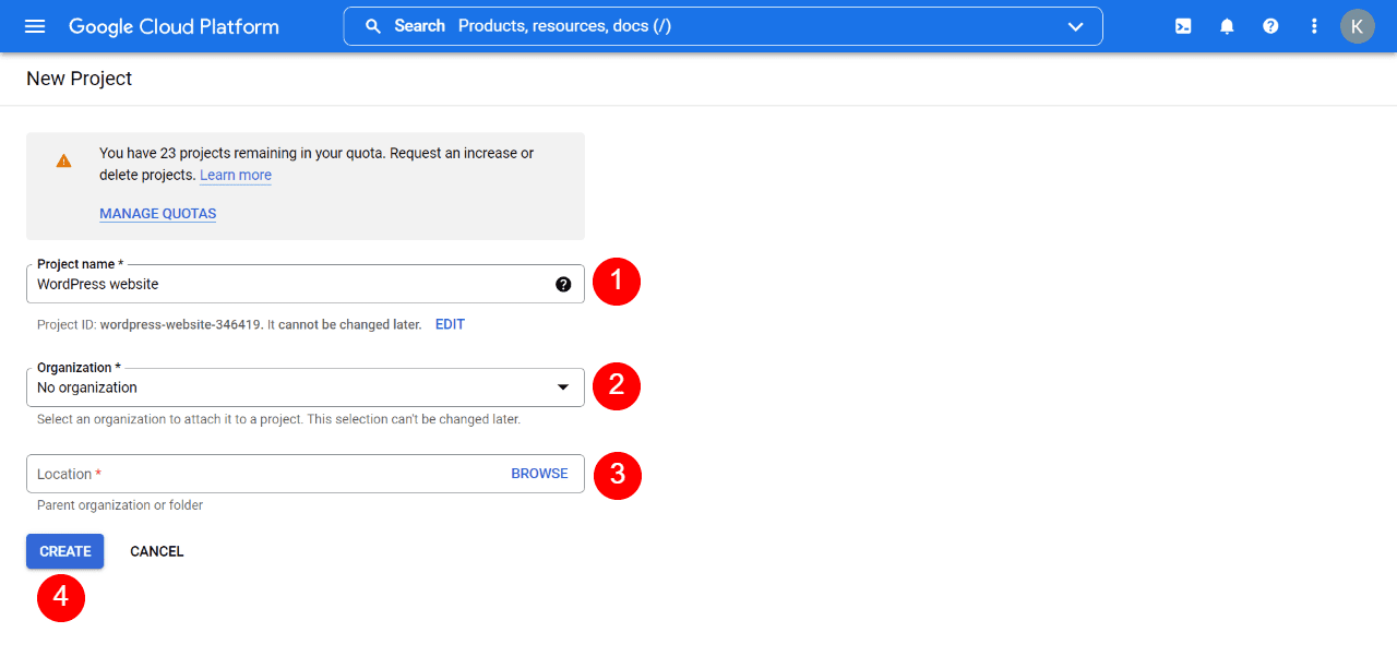 Making a new project in Google Cloud.
