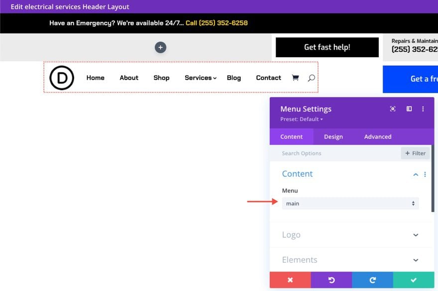 header & footer template for Divi's Electrical Services Layout Pack