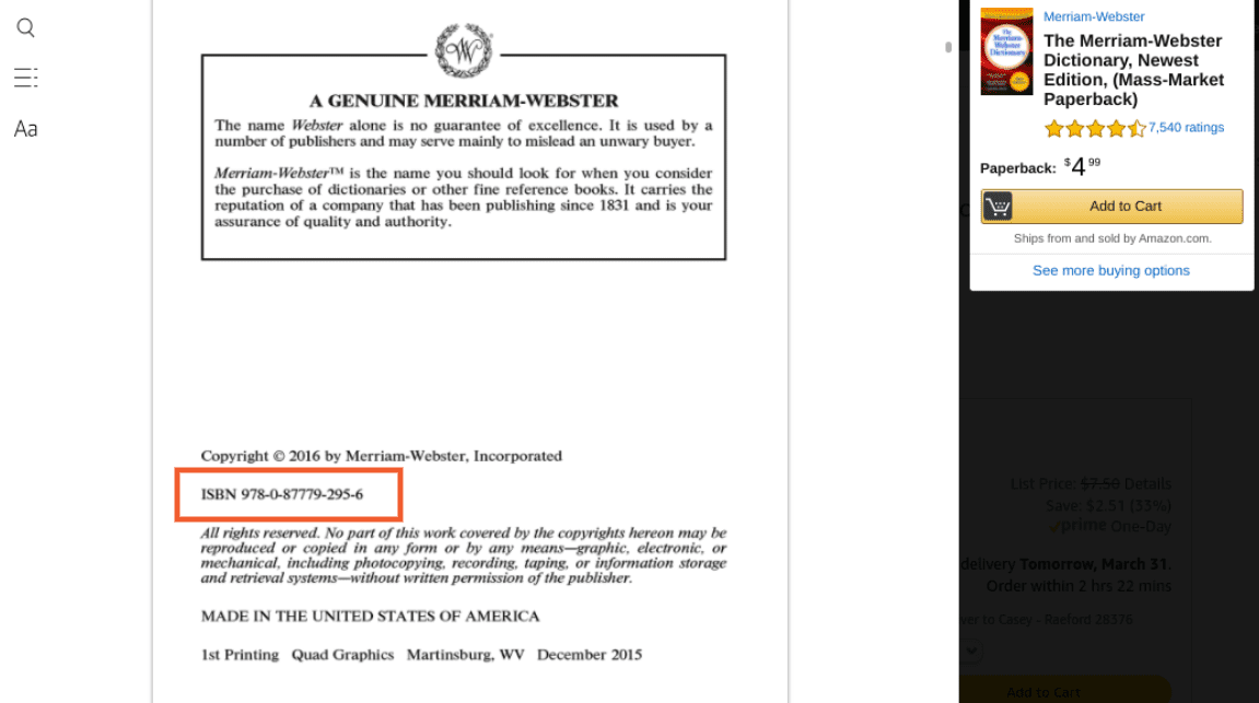 The ISBN number printed in The Merriam-Webster Dictionary copyright page.