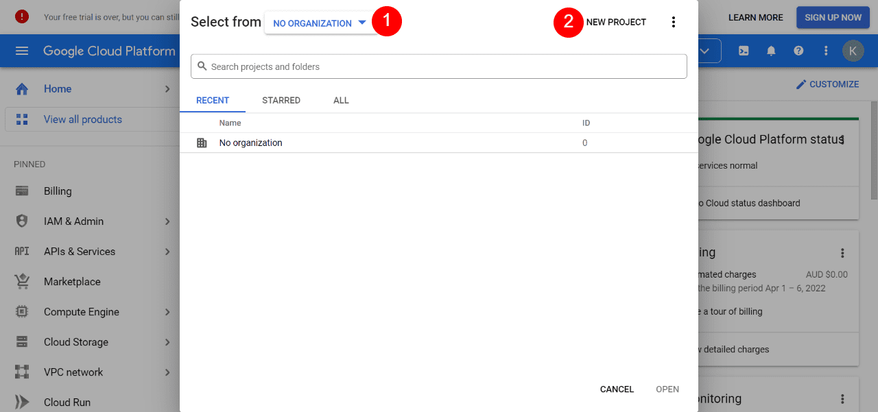 Making a new project in Google Cloud console.
