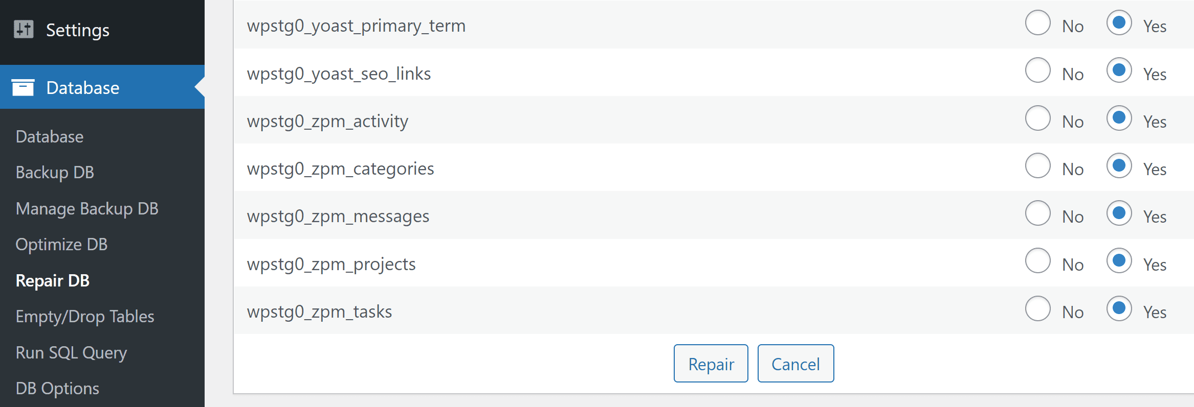 Choosing what tables to repair using WP-DB Manager