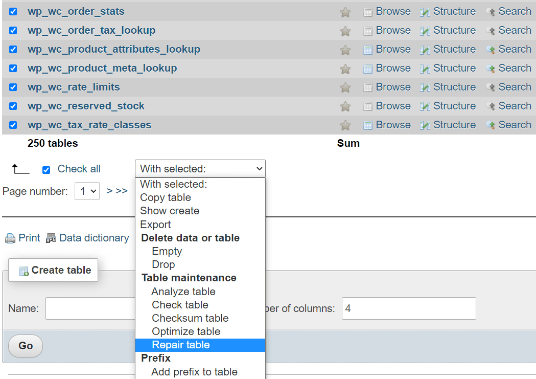 Repairing a WordPress database table using phpMyAdmin