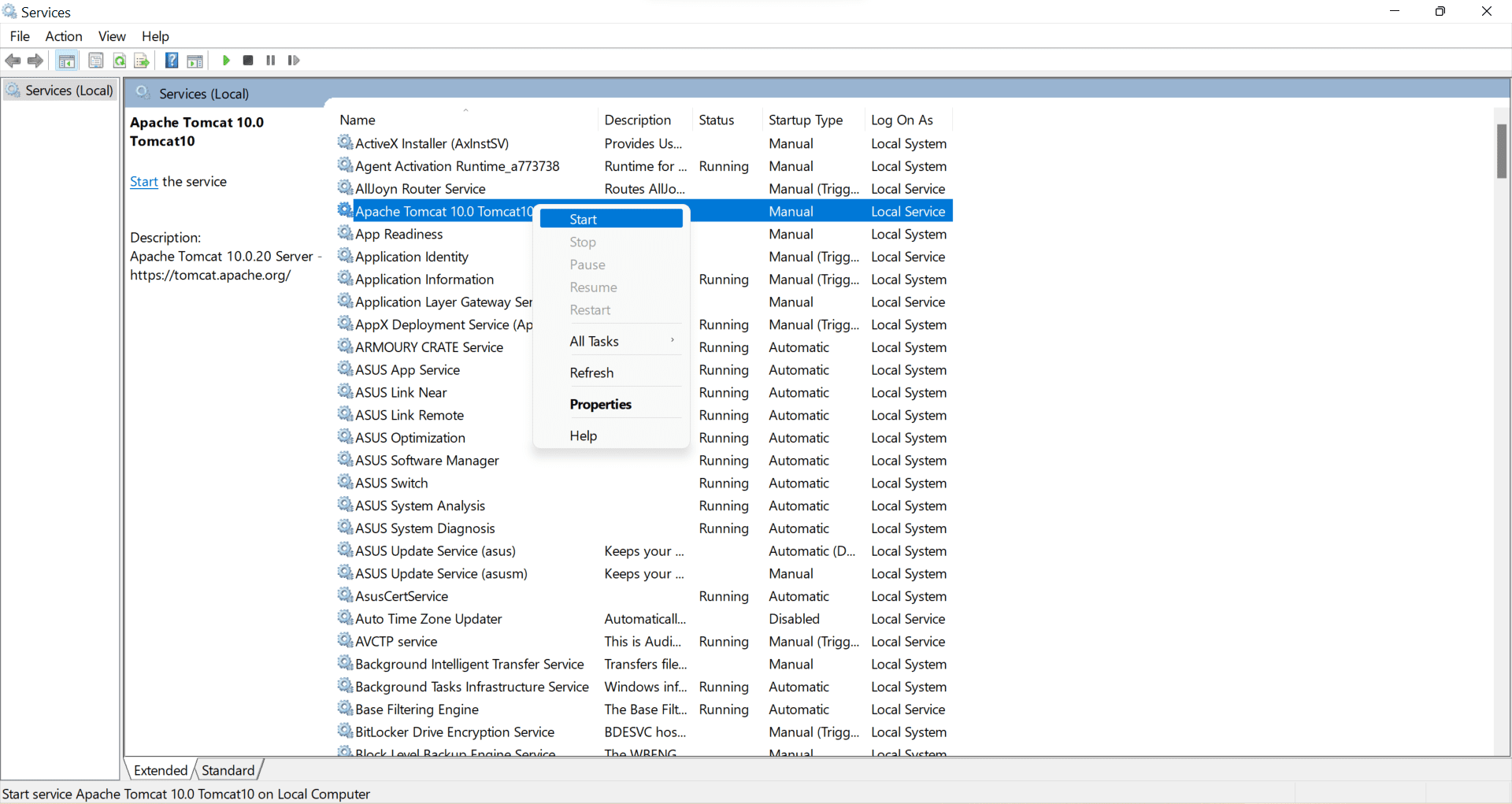 Starting Tomcat from the Services list