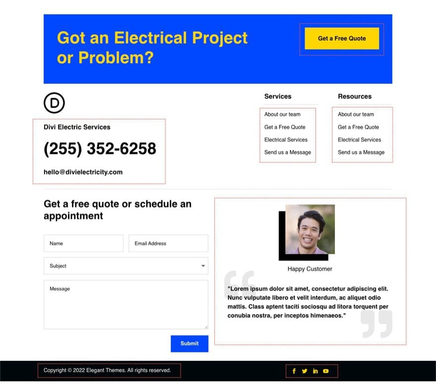 header & footer template for Divi's Electrical Services Layout Pack