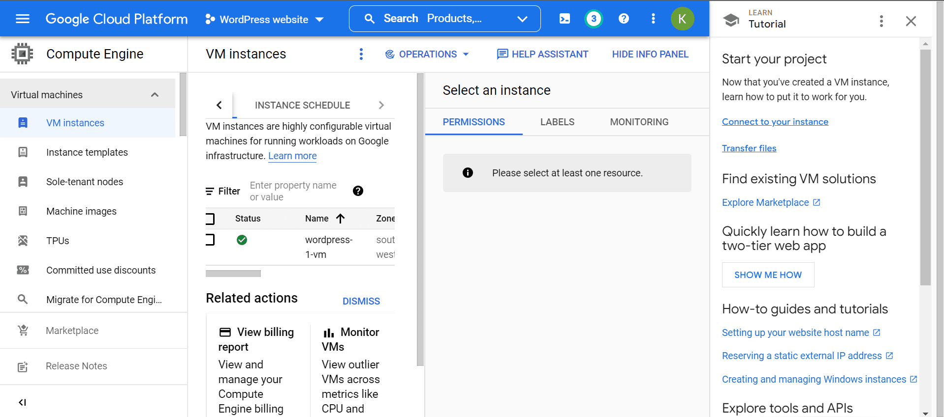 VM instances in Google Cloud console. 