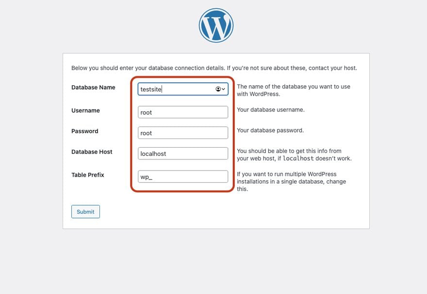 WordPress MAMP Database Screen