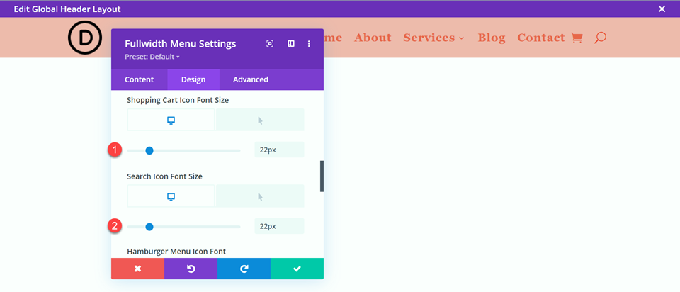 Divi Style Cart Search Icons Fullwidth Menu Layout 3 Icon Size