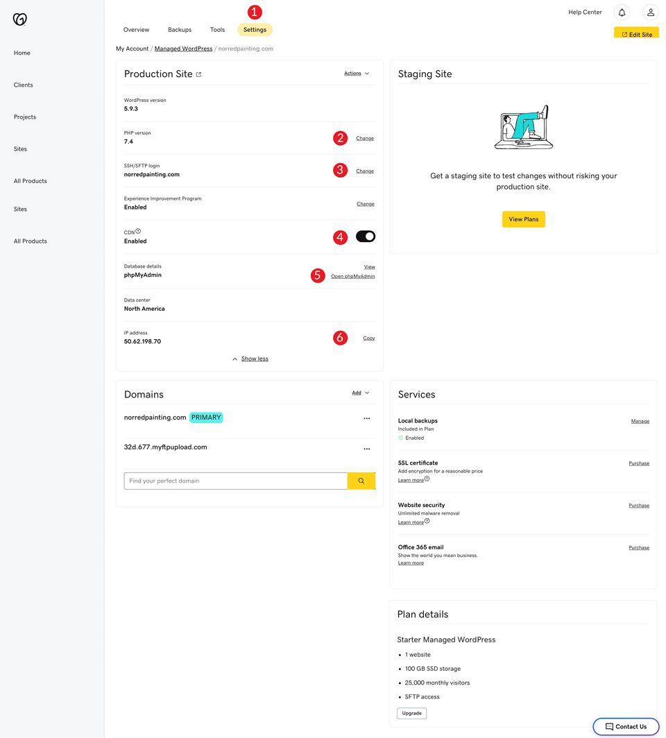 GoDaddy site settings