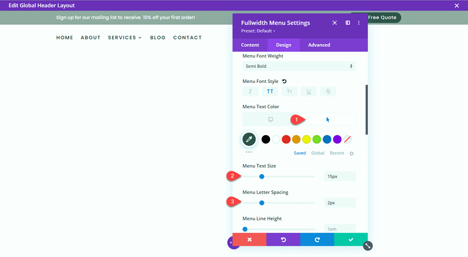 Divi Global Header With Fullwidth Menu Text Settings