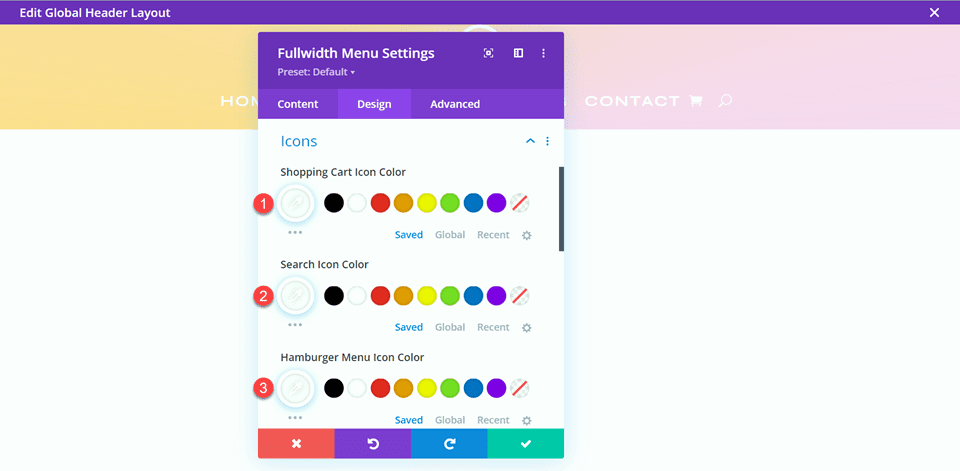 Divi Style Cart Search Icons Fullwidth Menu Layout 2 Icon Colors