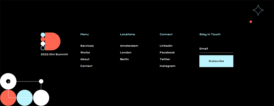 Footer Layout for Desktop in the Divi Conference Header and Footer Freebie
