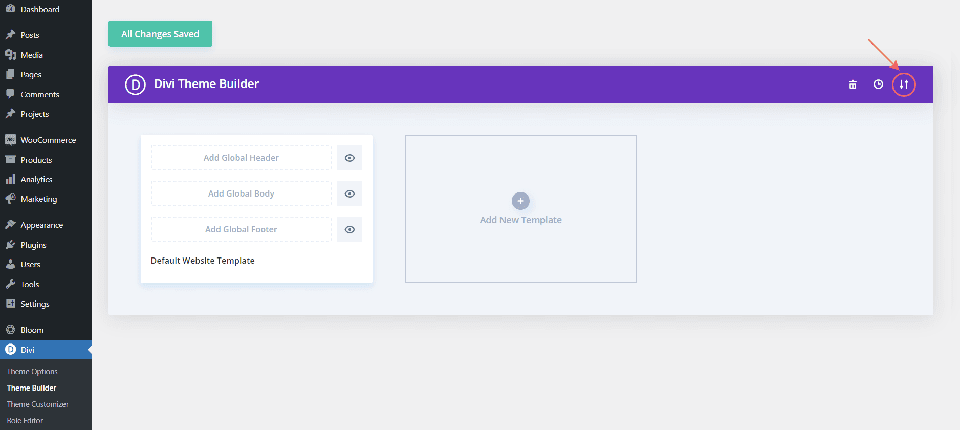 Opening the import export functionality of the Divi Theme Builder