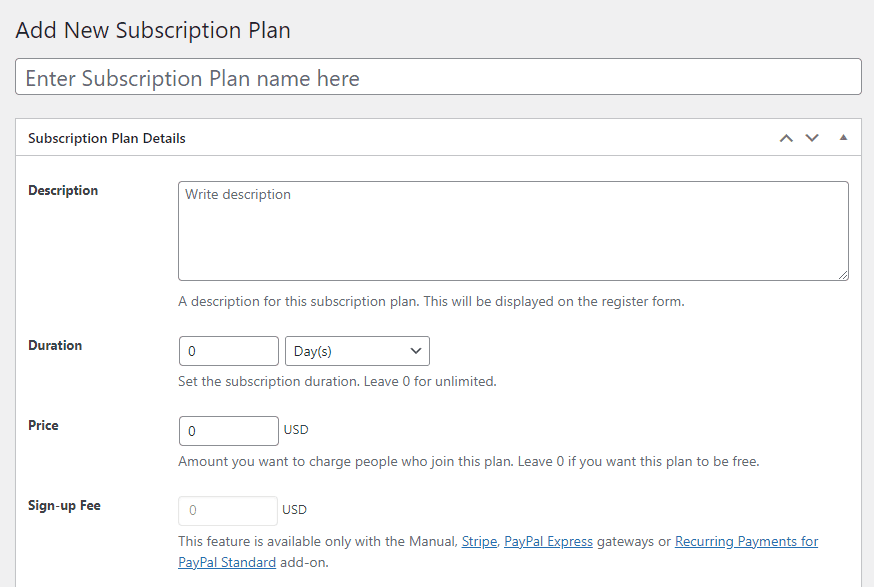Adding a new subscription plan in Membership and Content Restriction