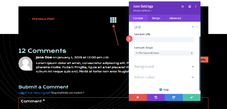 Setting up the link back to the main blog page within the Icon Module of the Divi Conference Blog Post Layout