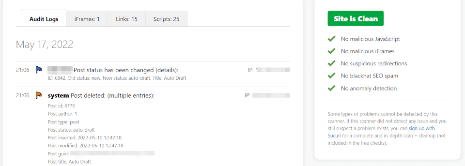 WordPress activity logs.