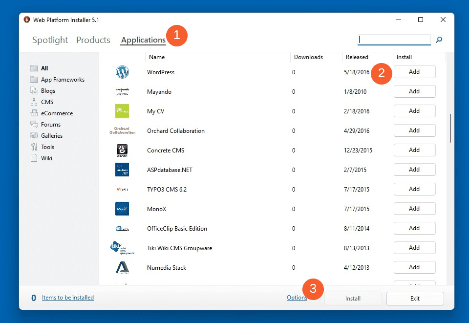 Adding WordPress in the Microsoft Web Platform Installer.