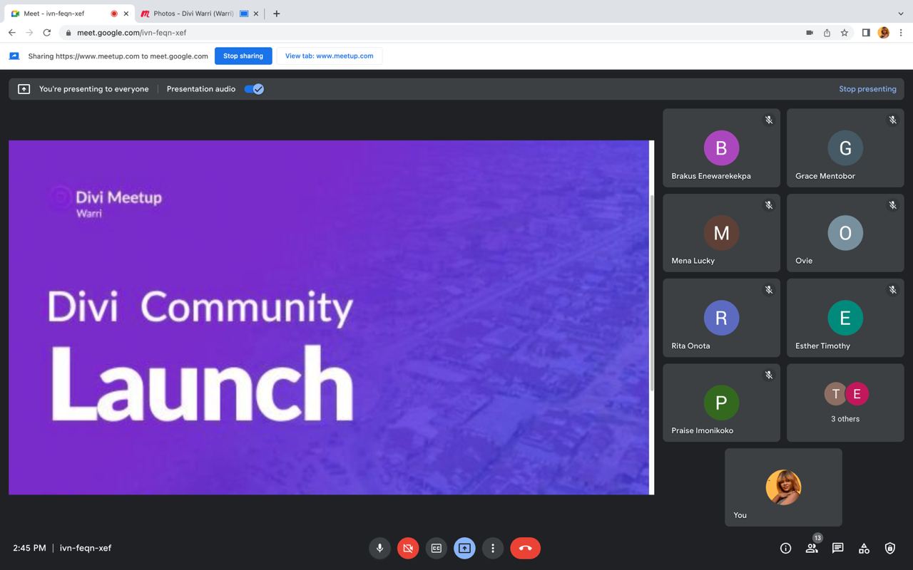 screenshot of Divi Warri's first virtual meetup in June 22