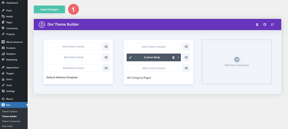 Save the category page layout after importing it into the Divi Theme Builder