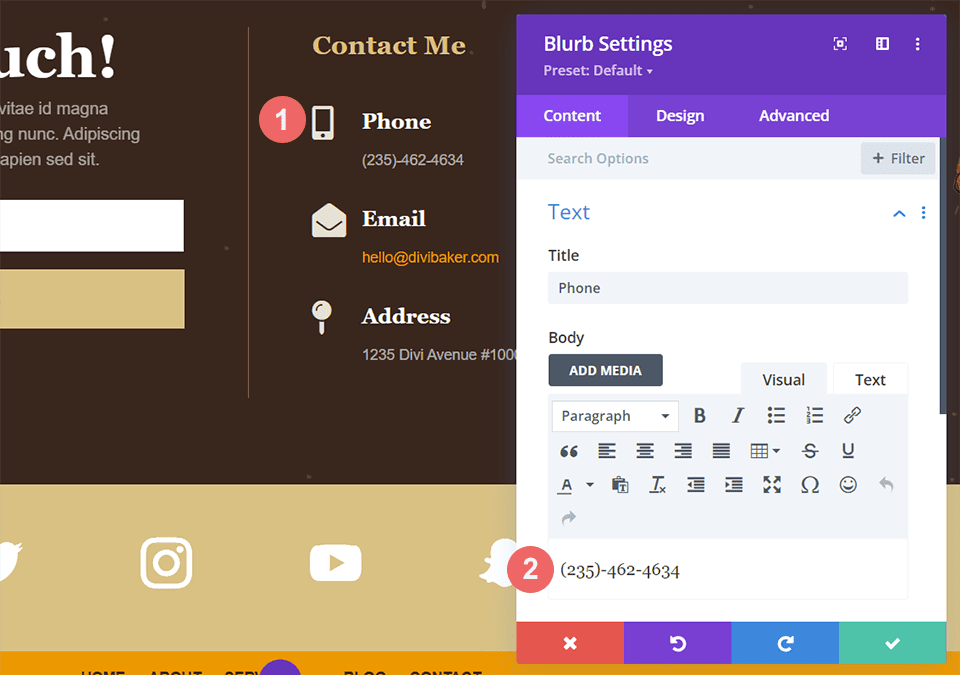 Edit the blurbs with your contact infmration