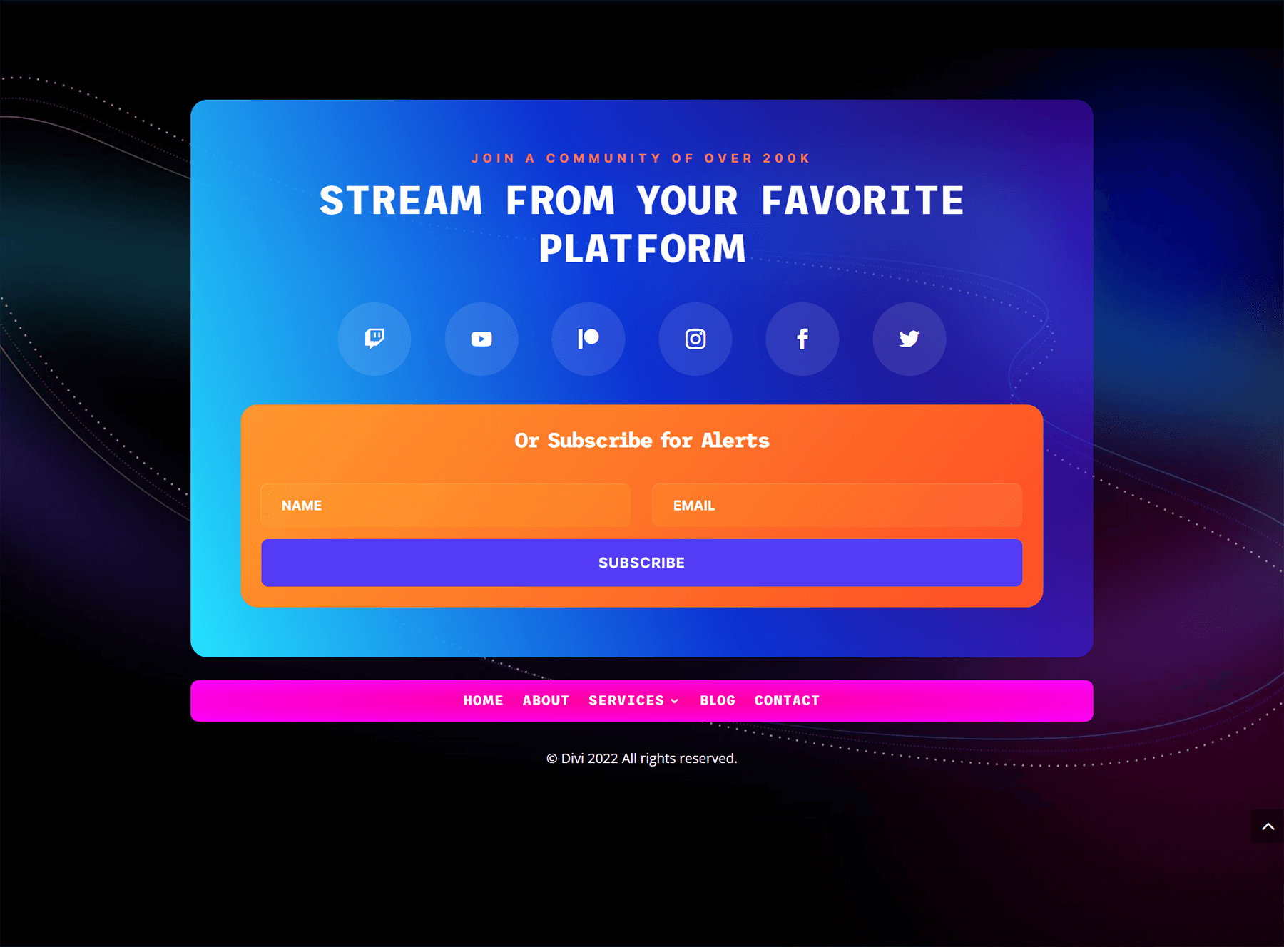 طراحی پاورقی برای Divi Streamer Layout Pack برای دسکتاپ