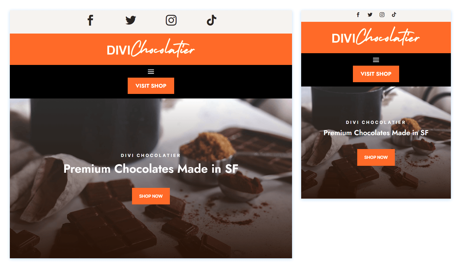 بسته چیدمان هدر Divi Chocolatier در نمای تبلت و موبایل