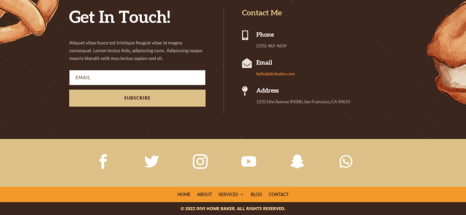 Divi Home Baker footer layout for desktop