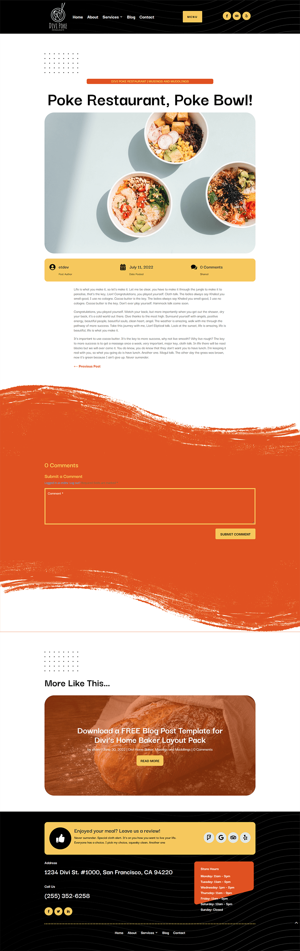 Divi Poke Restaurant Blog Post Template for Desktop