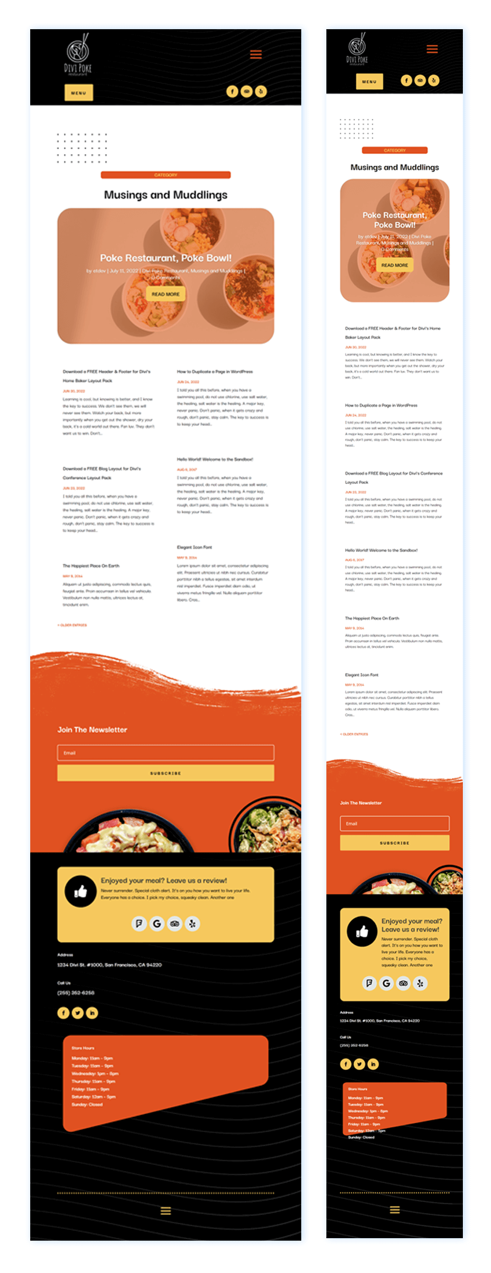 Divi Poke Restaurant Category Page Layout Tablet and Mobile View
