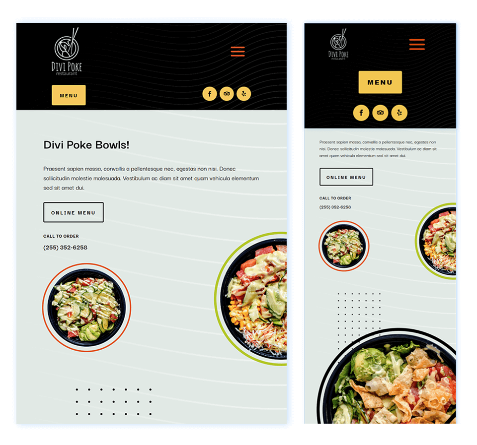 Divi Poke Restaurant Header Template Tablet and Mobile View