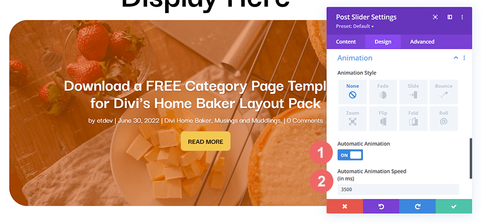 Editing the automatic animation settings within the Post Slider Module
