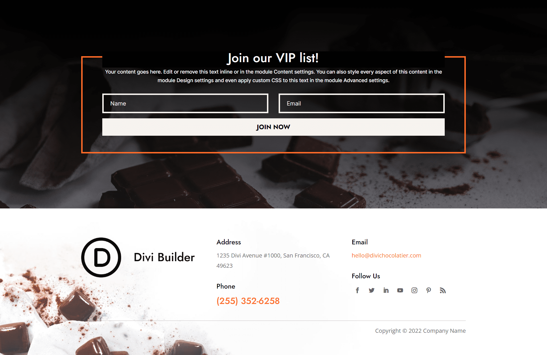 Divi Chocolatier Footer Layout in desktop view