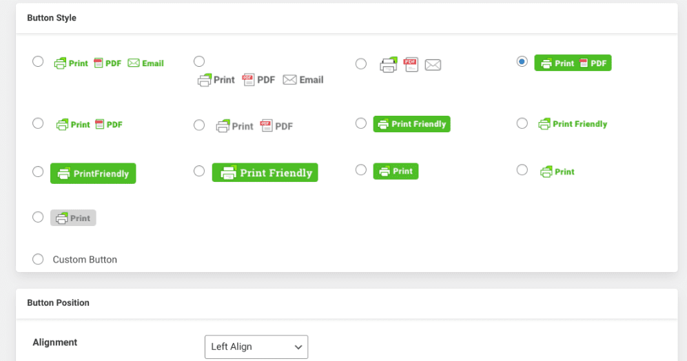 The PDF, Print, Email plugin button options.