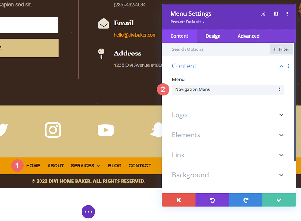 Select footer menu for the Divi Home Baker Footer Template