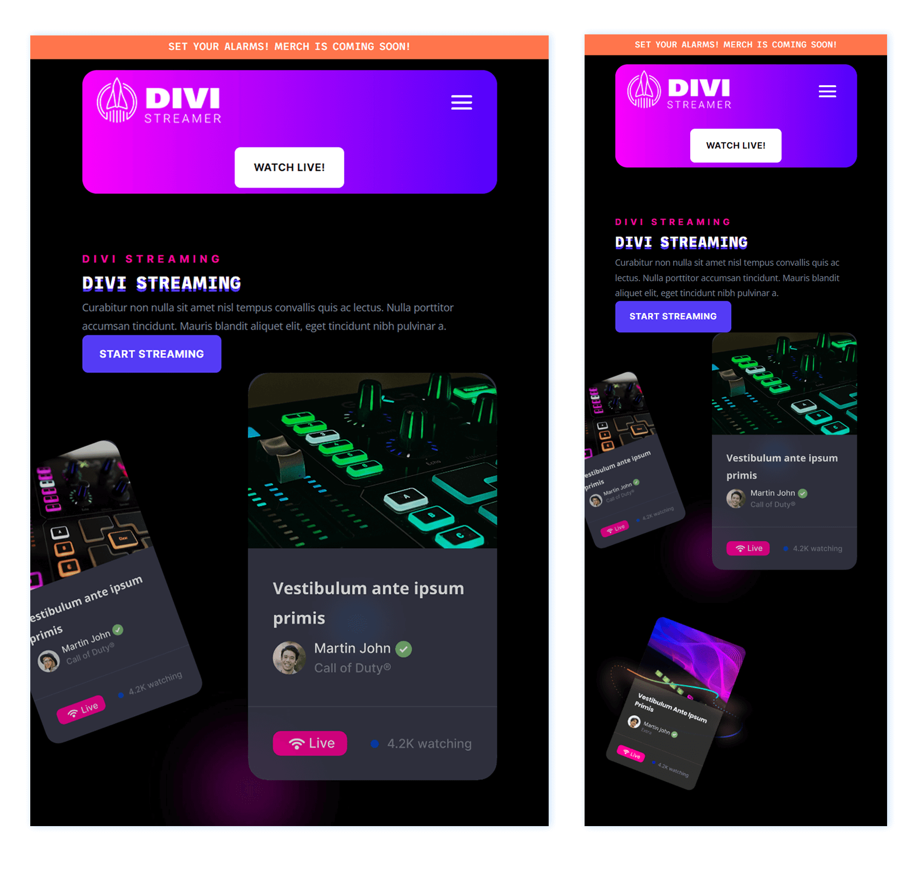 Header design for the Divi Streamer Layout Pack for tablet and mobile