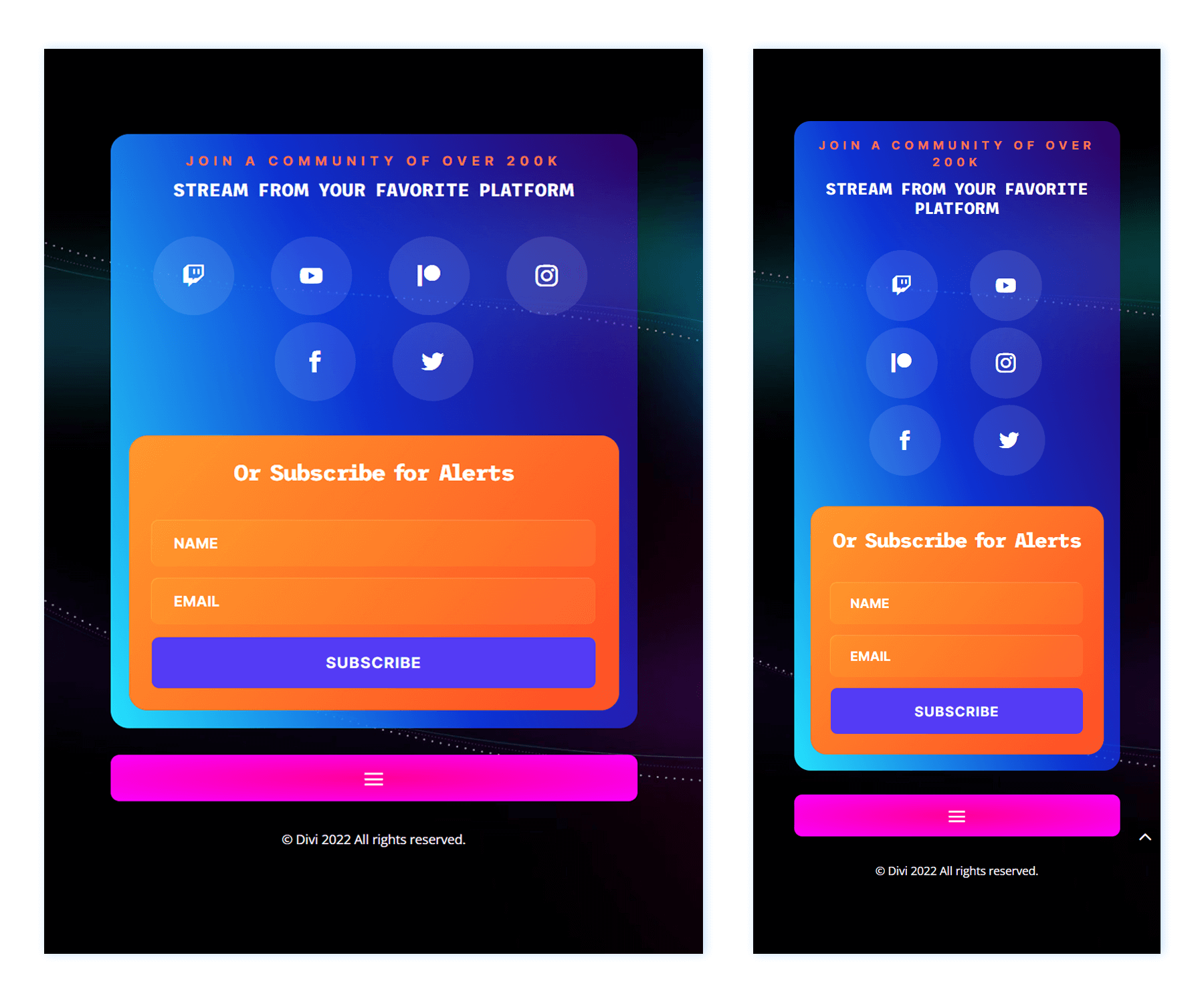 طراحی پاورقی برای Divi Streamer Layout Pack برای دسکتاپ