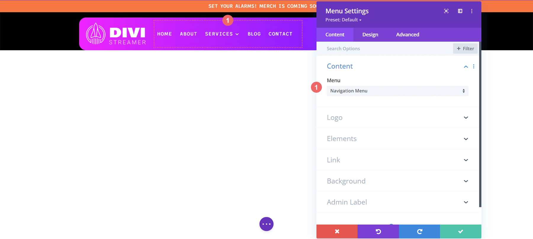 به روز رسانی منوی هدر Divi Streamer