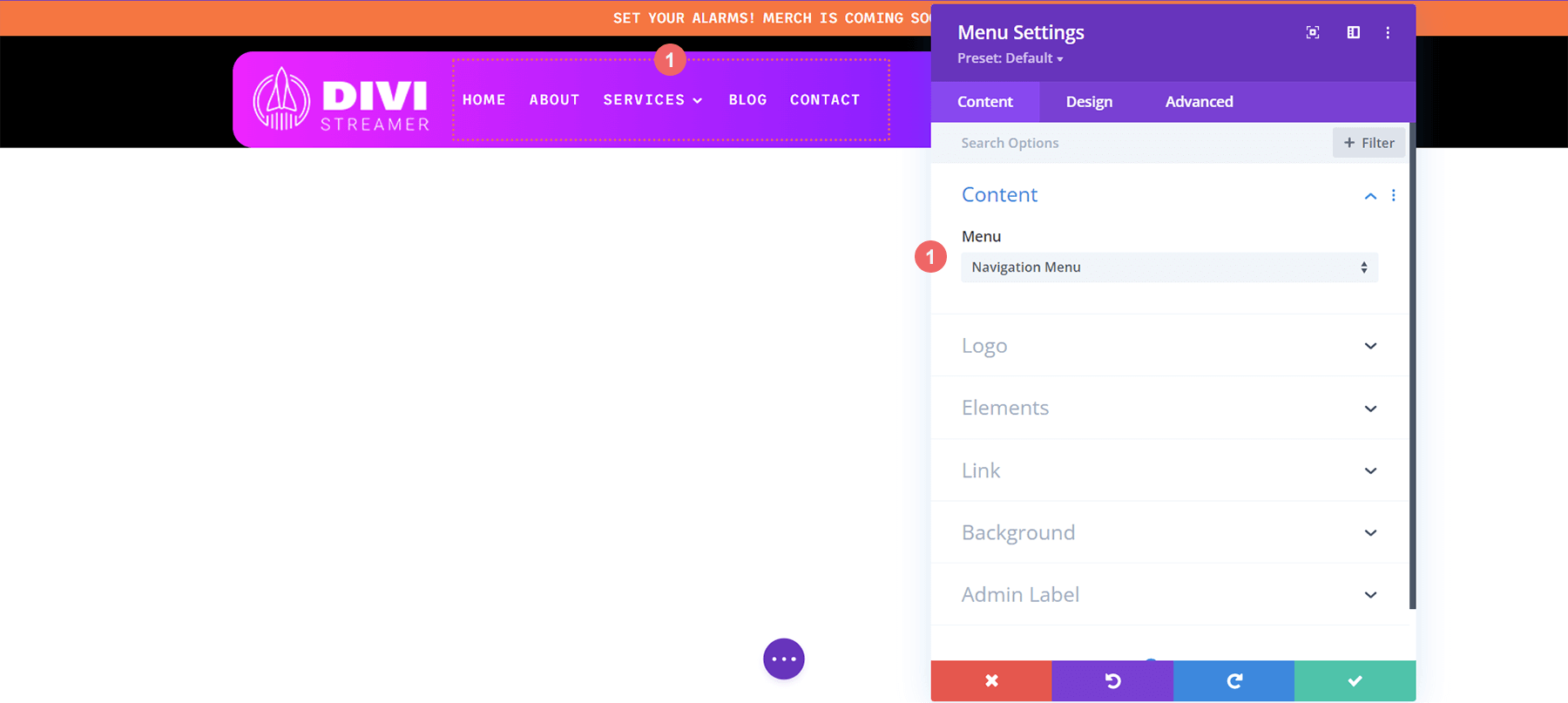 Update menu within the Divi Streamer header