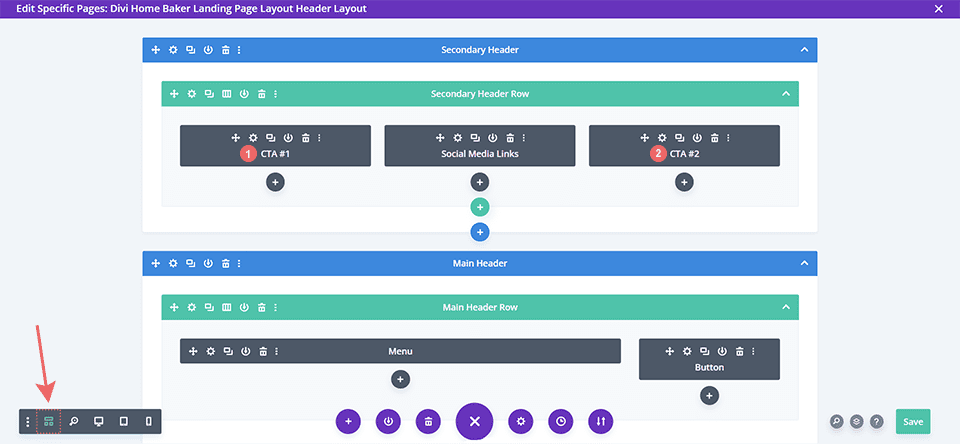 Using wireframe view to edit the secondary section of the Divi Home Baker Header Layout