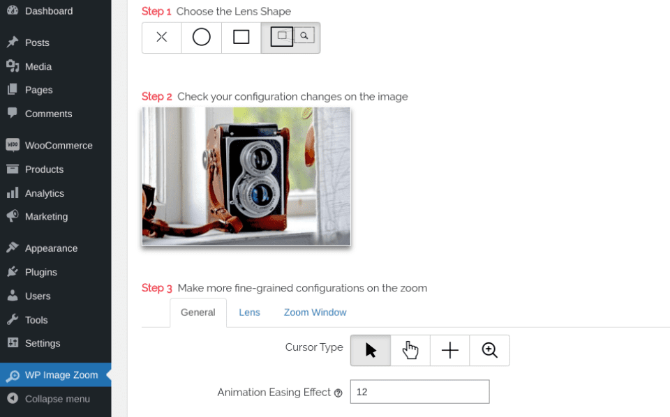 The WP Image Zoom plugin options.