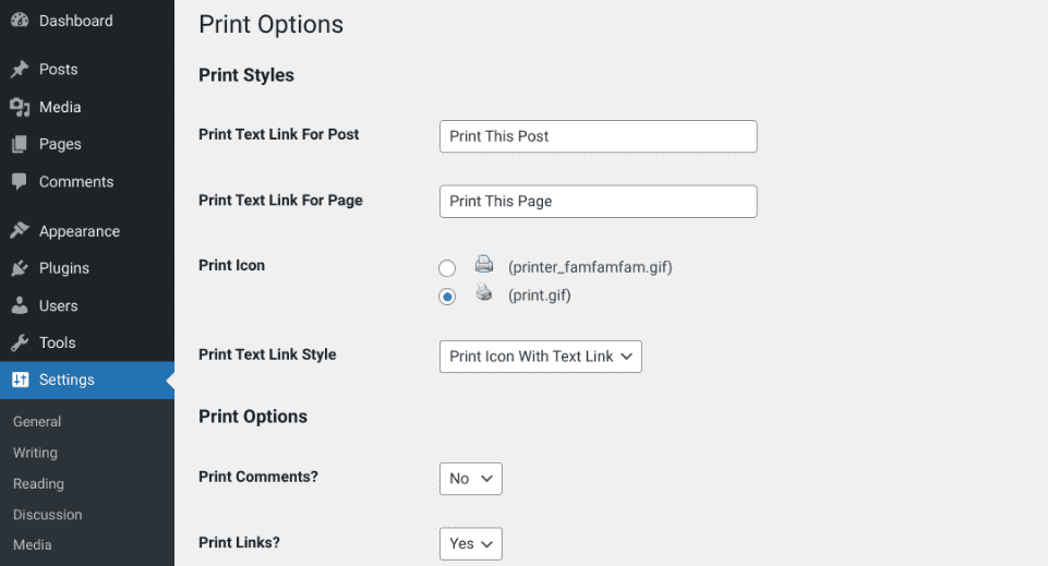 The WP-Print plugin options.