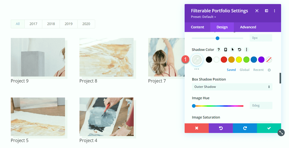 Divi Filterable Portfolio Pagination Shadow Color