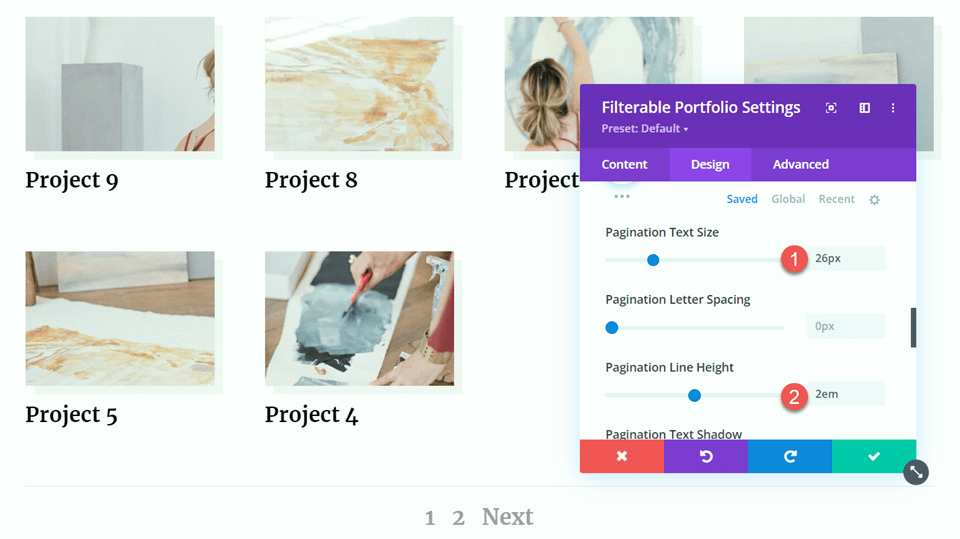 Divi Filterable Portfolio Pagination Style 2 Text Size