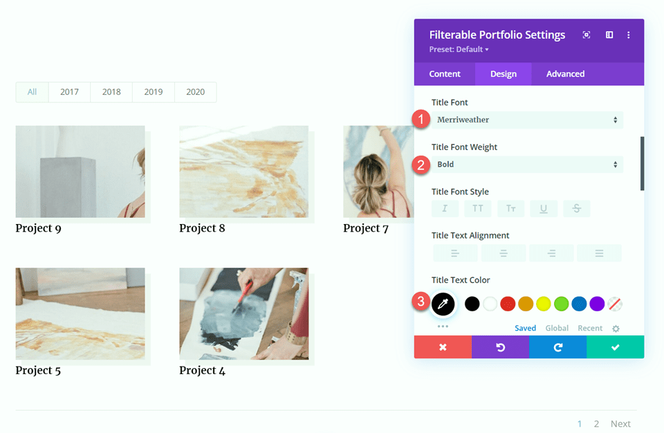 Divi Filterable Portfolio Pagination Title Font