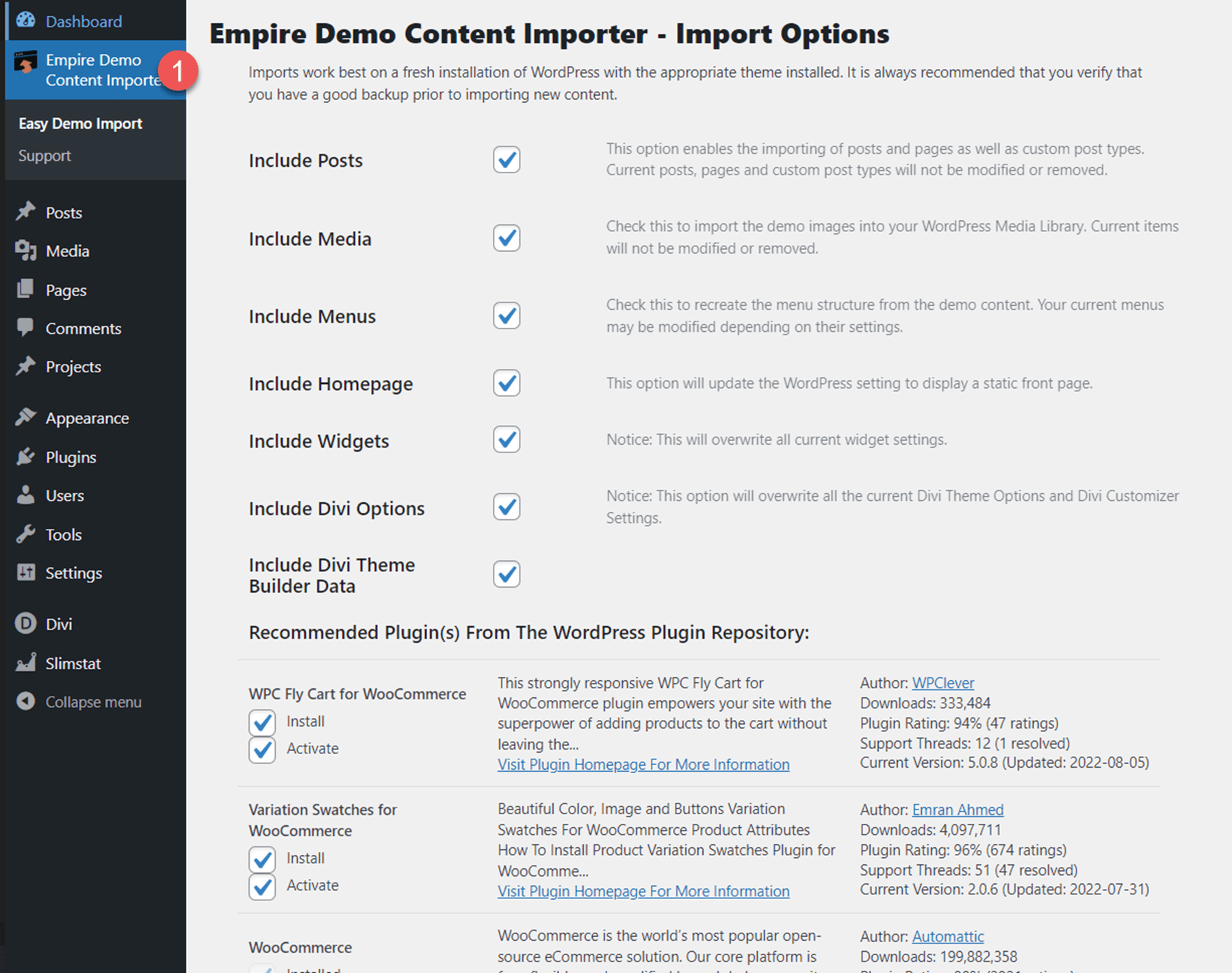 Empire Divi Child Theme Import Options