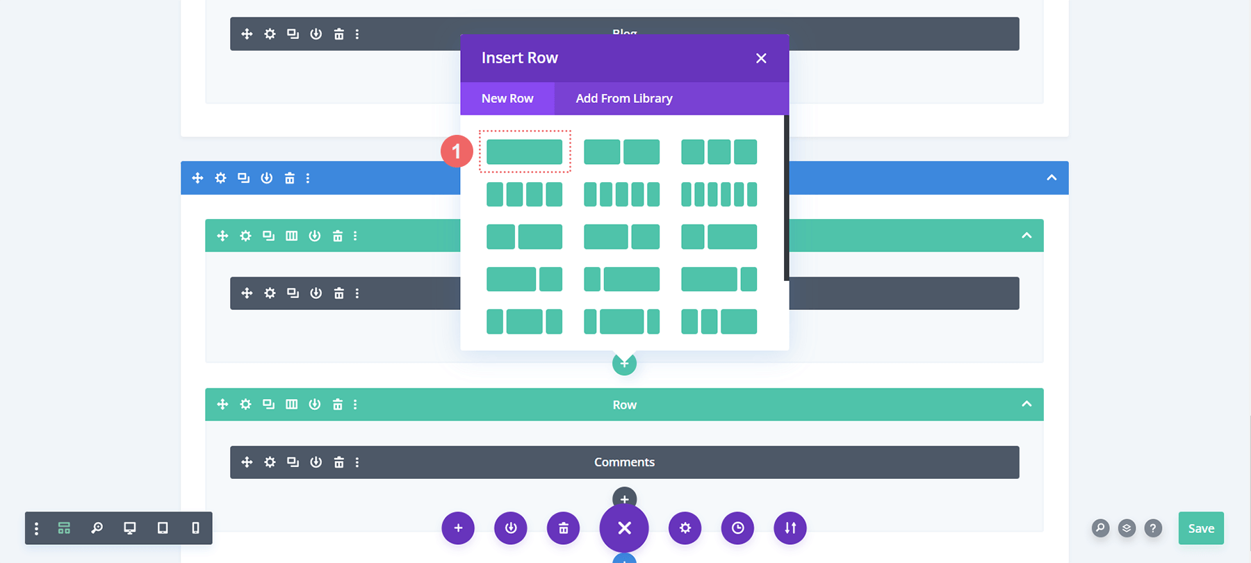 Add a one column layout to the newly added row